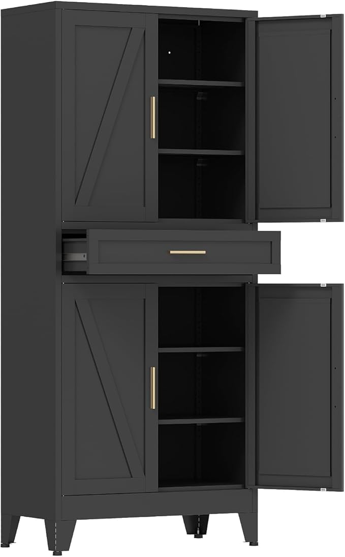 COFaR 71 in Tall Kitchen Pantry Cabinet with Drawer, Metal Pantry Storage Cabinet with 4 Adjustable Shelves and 4 Barn Doors, Freestanding Farmhouse Food Cupboard for Dining Room Garage, Black 6-Tier