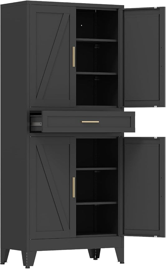 COFaR 71 in Tall Kitchen Pantry Cabinet with Drawer, Metal Pantry Storage Cabinet with 4 Adjustable Shelves and 4 Barn Doors, Freestanding Farmhouse Food Cupboard for Dining Room Garage, Black 6-Tier