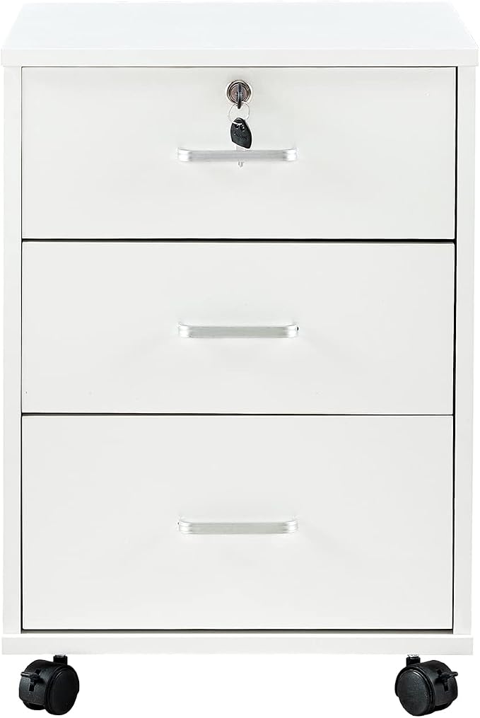OFCASA 3 Drawer File Cabinet with Lock, Small Rolling Filing Cabinets for Home Office, Wooden Under Desk File Cabinet with Wheels, Mobile Storage Cabinet Printer Stand, for Letter/Legal/A4 Size, White