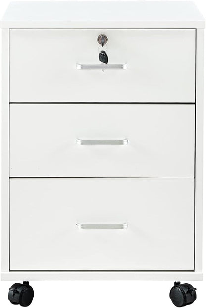 OFCASA 3 Drawer File Cabinet with Lock, Small Rolling Filing Cabinets for Home Office, Wooden Under Desk File Cabinet with Wheels, Mobile Storage Cabinet Printer Stand, for Letter/Legal/A4 Size, White