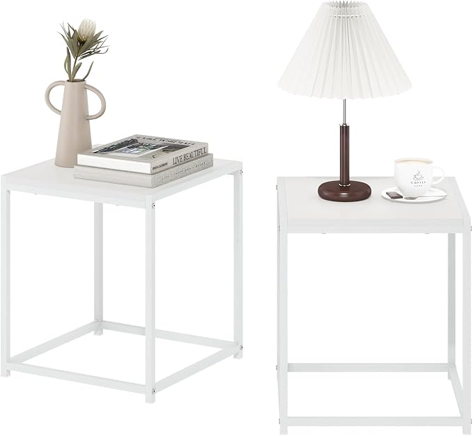 Furinno CAMNUS Side Table Set of 2, Metal Frame End Table, Square Open Frame Night Stand, Bedside Table, Easy Assembly, for Living Room, Bedroom, Solid White