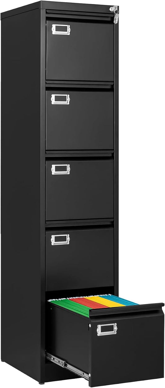 Fesbos File Cabinets - 5 Drawers Vertical 17.8" Deep Lockable Filing Cabinet - Black & Gray Metal Storage Cabinets for Home Office to Hanging Files Letter/Legal/F4/A4 Size