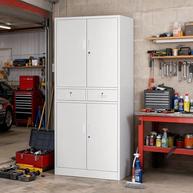 Metal Storage Cabinet with 2 Drawers 71" H,White Metal Garage Cabinets with 2 Lockable Doors and Adjustable Shelves, Locking Cabinet for Home Office,Pantry,Garage,Warehouse