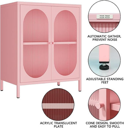 Small 2 Door Metal Storage Cabinet for Pantry,Office Room,Kitchen,Bathroom,Living Room, Hallway-Locker Cabinet with 1 Adjustable Shelf(Translucent Door, Pink)