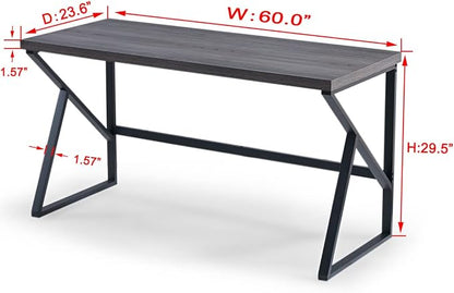 HSH Large Rustic Grey Computer Desk, Metal and Wood Home Office Desk, Industrial Vintage Soho Study Writing Table, Big Long PC Desk Workstation for Livingroom Bedroom, Dark Gray Oak, 60 Inch Wide