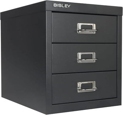 Bisley 3-Drawer Steel MultiDrawer Cabinet - Anthracite Grey | Chrome Pull Handles with Label Holders, Powder-Coated Steel, Removable Drawers, Desktop Storage, Labels Included