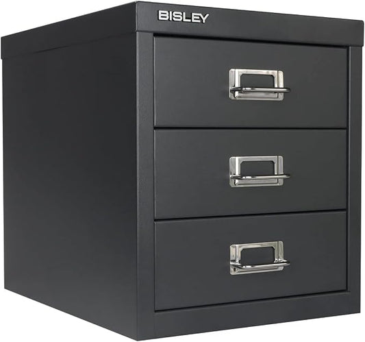 Bisley 3-Drawer Steel MultiDrawer Cabinet - Anthracite Grey | Chrome Pull Handles with Label Holders, Powder-Coated Steel, Removable Drawers, Desktop Storage, Labels Included