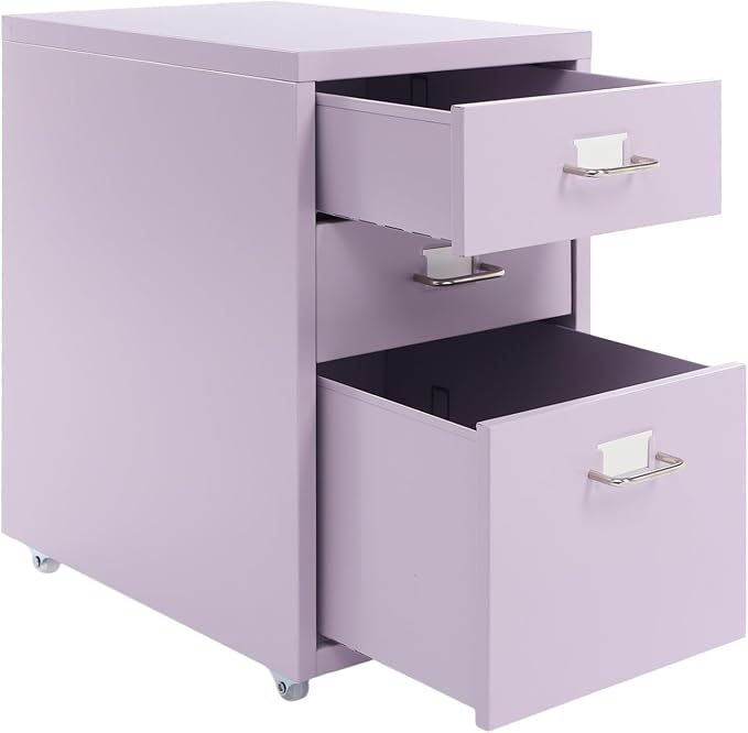 3-Drawer Mobile File Cabinet, Metal Filing Storage Cabinet with Wheels Small Nightstand Under Desk Organizer for Home Office (Purple)