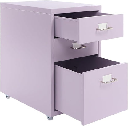 3-Drawer Mobile File Cabinet, Metal Filing Storage Cabinet with Wheels Small Nightstand Under Desk Organizer for Home Office (Purple)