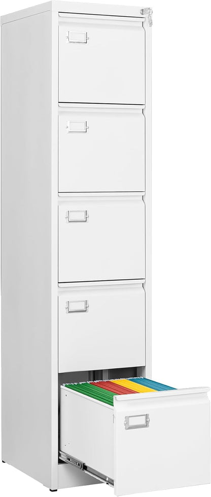 Fesbos File Cabinets - 5 Drawers Vertical 17.8" Deep Lockable Filing Cabinet - White Metal Storage Cabinets for Home Office to Hanging Files Letter/Legal/F4/A4 Size