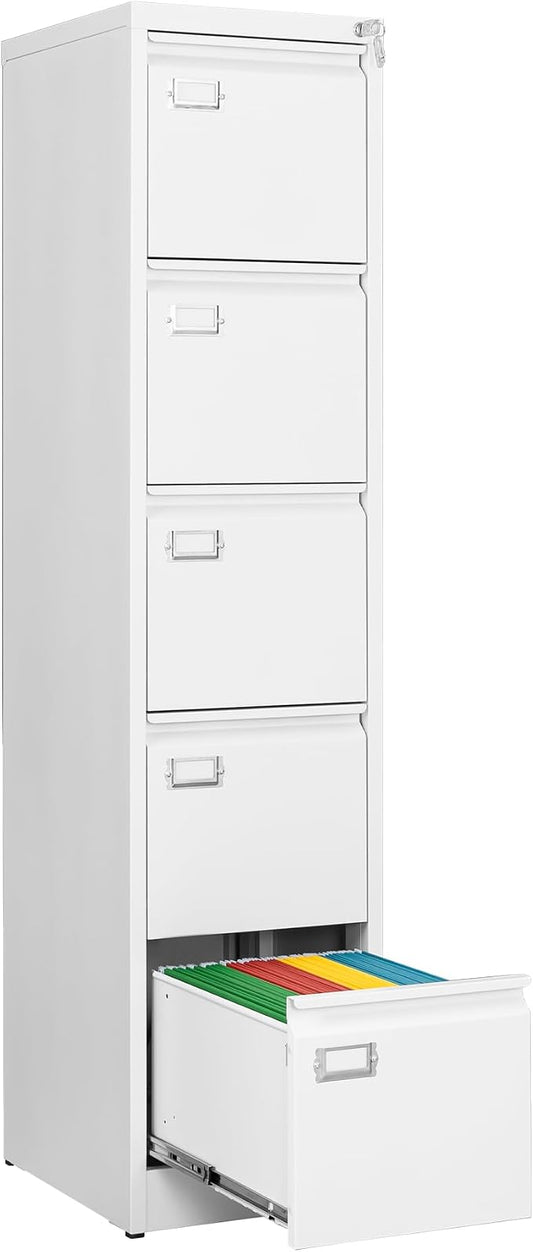 Fesbos File Cabinets - 5 Drawers Vertical 17.8" Deep Lockable Filing Cabinet - White Metal Storage Cabinets for Home Office to Hanging Files Letter/Legal/F4/A4 Size