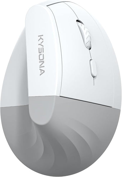 KYSONA EM18 Wireless Ergonomic Vertical Mouse, Ergo Design, Bluetooth Cordless Mouse for Medium/Large Hands, Silent Click, 5-Level Adjustable DPI, Carpal Tunnel Mice for Computer/PC/Mac/Laptop, White