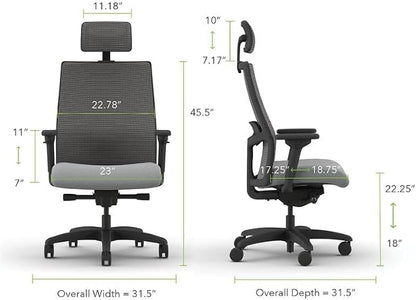 HON Ignition 2.0 Big and Tall Ergonomic Mesh Office Chair with Headrest, 450 lb Capacity, Extra‑Wide High‑Back Desk Chair with Adjustable Arms, Lumbar Support, Tilt Recline, Black Frame, Ash