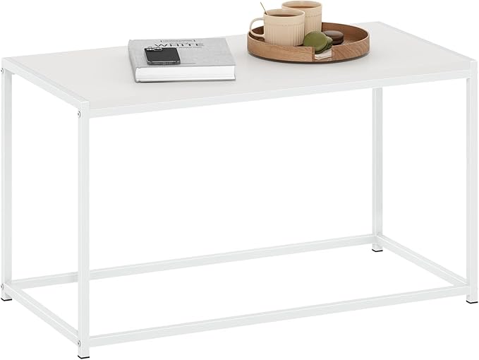 Furinno Camnus Coffee Table, Metal Frame White Coffee Table, Rectangular Wide Side Table, Easy Assembly, for Living Room, Bedroom, Home Office, Plain White/White