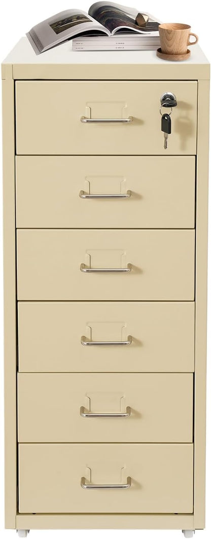 Vertical File Cabinet, 6 Drawers Rolling File Organizer Cabinets with Lock, Heavy Duty Metal Storage Cabinet, Movable Under Desk Filing Cabinet for Office, Study, Dresser (Beige)