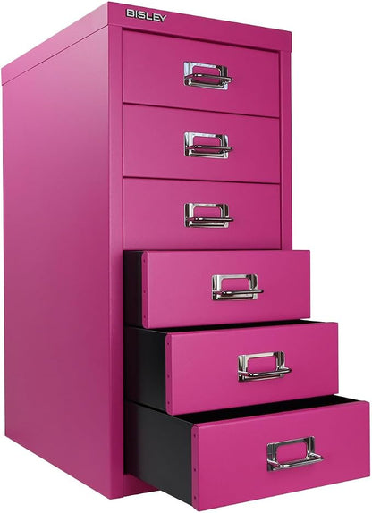 Bisley 6-Drawer Steel MultiDrawer Cabinet - Fuchsia | Chrome Pull Handles with Label Holders, Powder-Coated Steel, Removable Drawers, Fits Under Most Desks, Labels Included