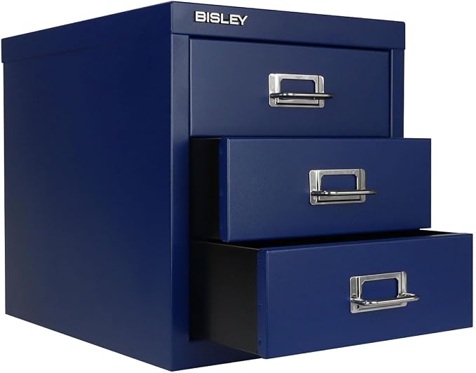 Bisley 3-Drawer Steel MultiDrawer Cabinet - Oxford Blue | Chrome Pull Handles with Label Holders, Powder-Coated Steel, Removable Drawers, Desktop Storage, Labels Included