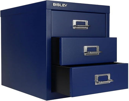 Bisley 3-Drawer Steel MultiDrawer Cabinet - Oxford Blue | Chrome Pull Handles with Label Holders, Powder-Coated Steel, Removable Drawers, Desktop Storage, Labels Included