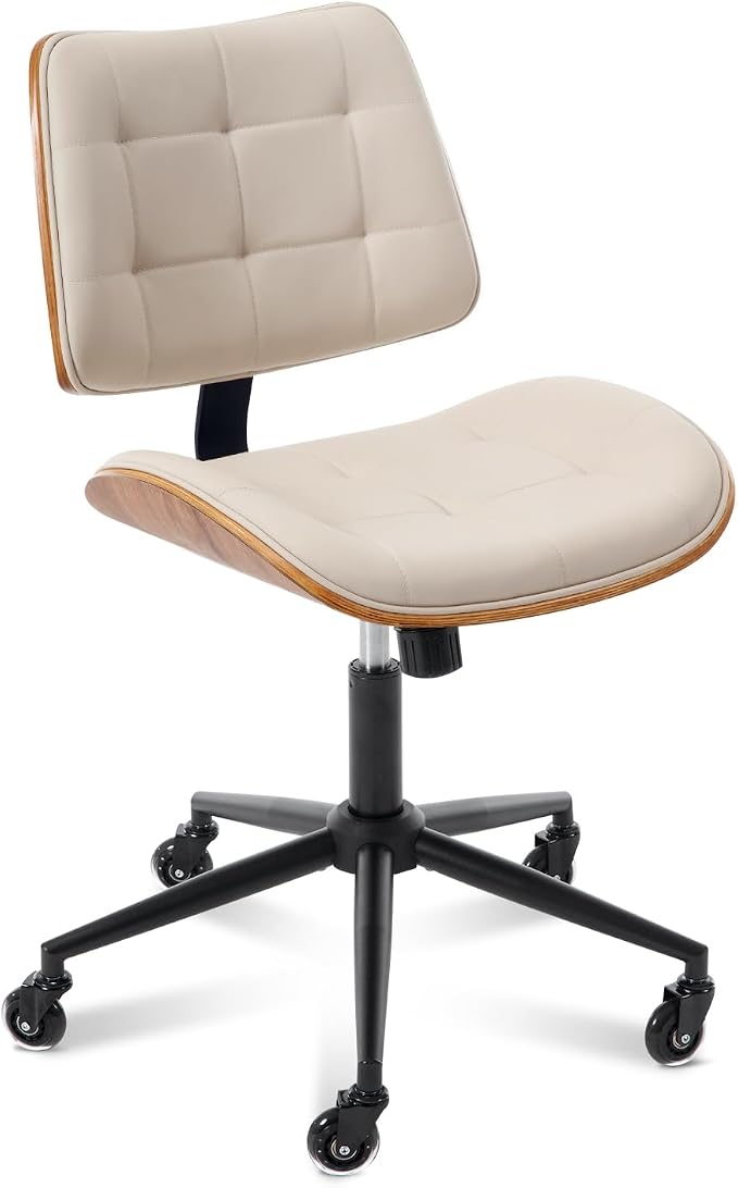 BV Armless Office Chair with Rubber Wheels, 360° Swivel Adjustable Task Chair, PU Leather Rolling Desk Chair for Home Office, Study and Conference Room, Beige