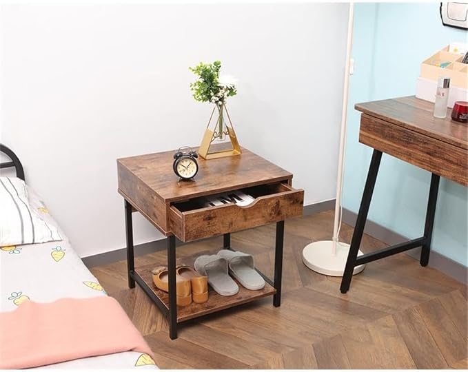 JJS Side End Table, Nightstand, Bedside Table with Drawer and Storage Shelves, Sofa Table for Living Room, Bedroom, Accent Furniture, Easy Assembly, Rustic Brown