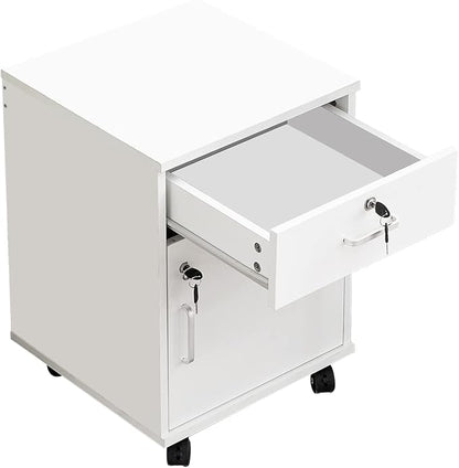 OFCASA 2 Drawer File Cabinet with Lock, Small Rolling Filing Cabinets for Home Office, Wood Under Desk File Cabinet with Wheels, Mobile Storage Organizer, Printer Stand for Letter/Legal, White
