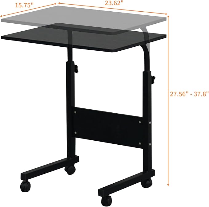 Karl home Small Side Mobile Table 23.6 inch Computer Desk with Wheels Height Adjustable Rolling Potable Laptop Cart, C-Shaped Bed Couch End Tables with Edge Stopper for Living Room Bedroom, Black