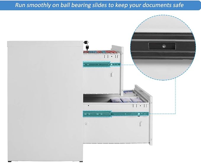 Lateral File Cabinet, 2 Drawer Metal Lockable Filing Cabinet for Commercial Grade Office Legal and Letter File (White)