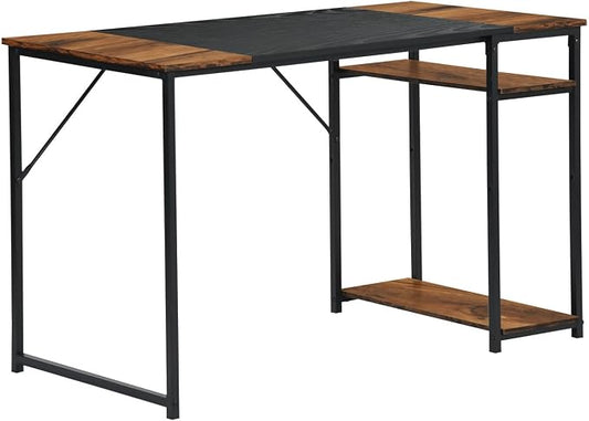 FurnitureR 47.2 inch Study Writing Table with Storage Shelves Space Saving for Home Office, Modern Simple Style PC Metal Frame Computer Desk, Black&Brown