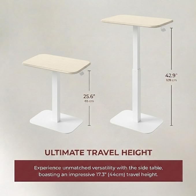 Elevance Height Adjustable Side Table, White Base, Washed Oak Top | Sofa Laptop Table for Couch & Bed | Small C-Shape End Table for Home or Office