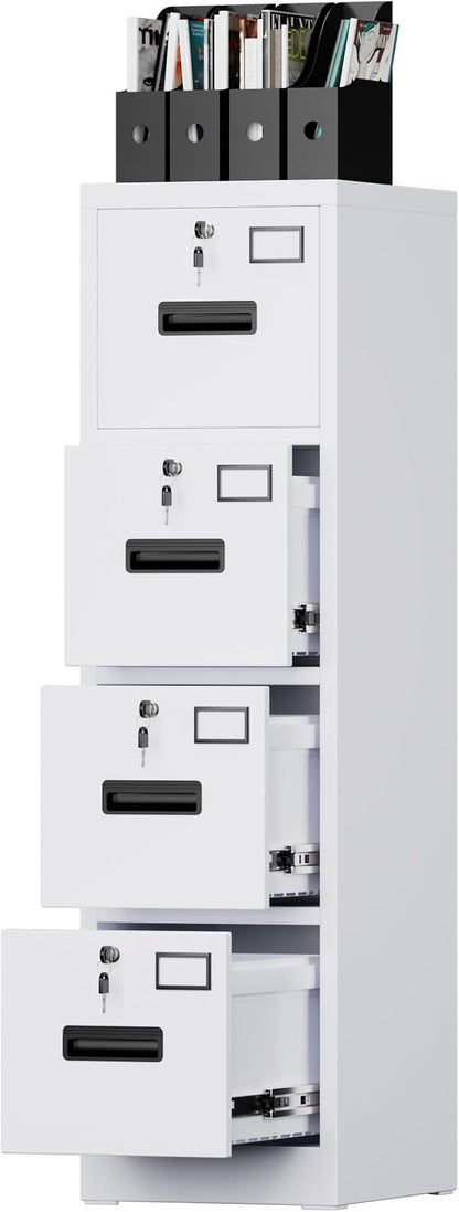 4 Drawer File Cabinet with Lock,White Metal Filing Cabinet for Home Office,Vertical File Storage Cabinet with Keys for Letter/A4 Size,14.96" W x 17.72" D x 55.2" H,Assembly Required