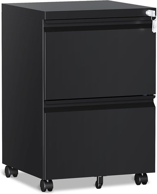 RAVIGIN 2 Drawer File Cabinet，Mobile Filing Cabinet with Lock and Wheels，Un-Assembled Metal Under Desk File Cabinets for A4/Letter/Legal Size（Black