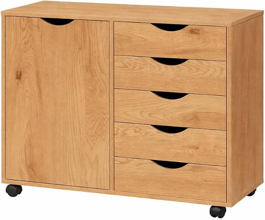 Naomi Home Under Desk Rolling Office File Cabinet with 5 Drawers & Side Storage Cabinet, Mobile Organizer with Shelves & Swivel Casters for Home Office - Natural
