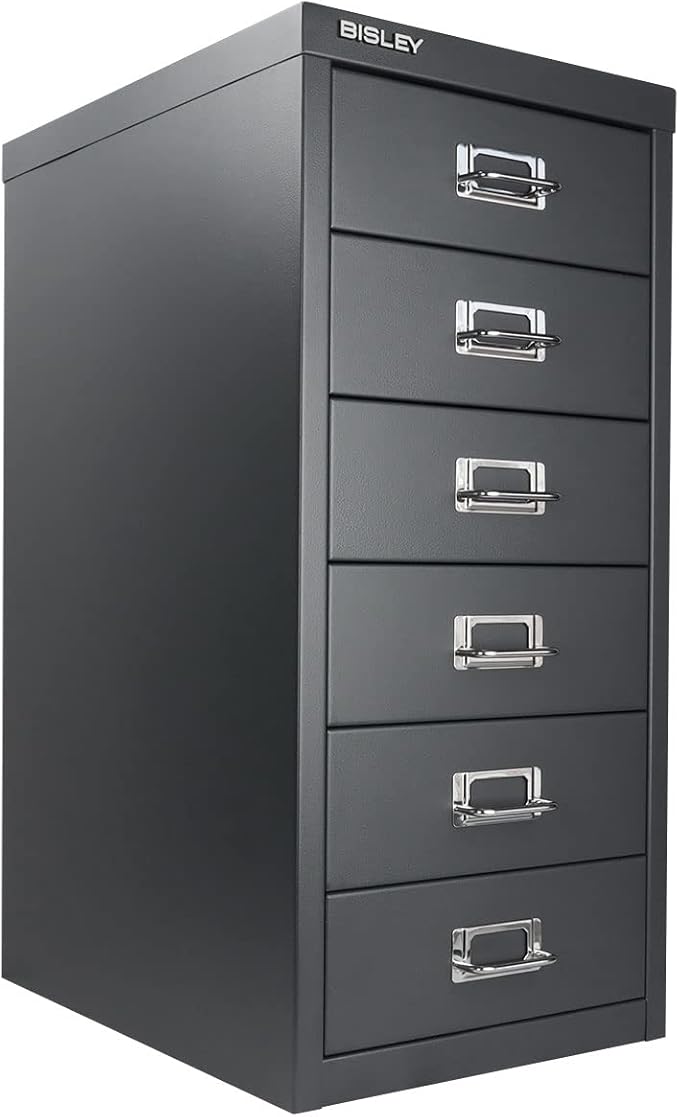 Bisley 6-Drawer Steel MultiDrawer Cabinet - Anthracite Grey | Chrome Pull Handles with Label Holders, Powder-Coated Steel, Removable Drawers, Fits Under Most Desks, Labels Included