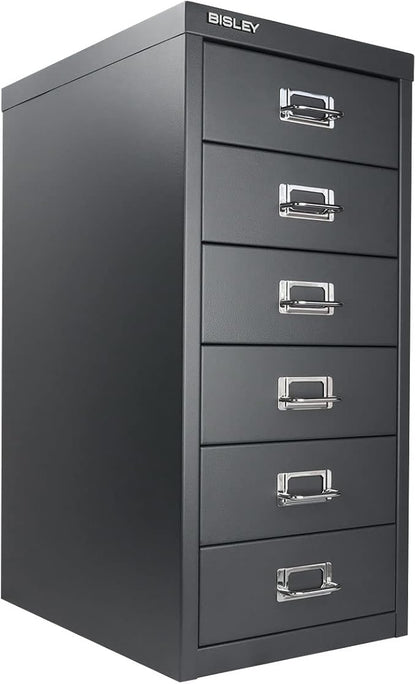 Bisley 6-Drawer Steel MultiDrawer Cabinet - Anthracite Grey | Chrome Pull Handles with Label Holders, Powder-Coated Steel, Removable Drawers, Fits Under Most Desks, Labels Included