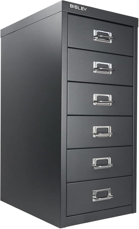 Bisley 6-Drawer Steel MultiDrawer Cabinet - Anthracite Grey | Chrome Pull Handles with Label Holders, Powder-Coated Steel, Removable Drawers, Fits Under Most Desks, Labels Included