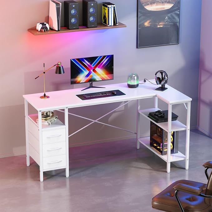 Simple Deluxe L Shaped Gaming Desk with Power Outlets, 55 Inch Computer Desk with 3 Drawers, Shelves, Corner Computer Desk for Gaming, Corner Work, Home Office, Study, White