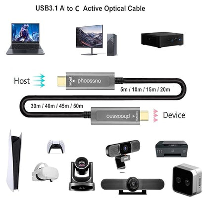 phoossno USB C to C Fiber Optical Cable USB 3.1Type C Cable 10Gbps100FT Compatible with Microsoft Azure Logitech Camera Aver &Vaddio & Barco ClickShare Touch Screen Kinect Intel RealSense
