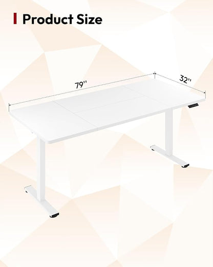 SANODESK Electric Standing Desk 79 x 32 Inches, Height Adjustable Sit Stand with Large Splice Board Desktop for Home Office, Computer Workstations，Memory Ergonomic Computer Desk, White Frame/White Top