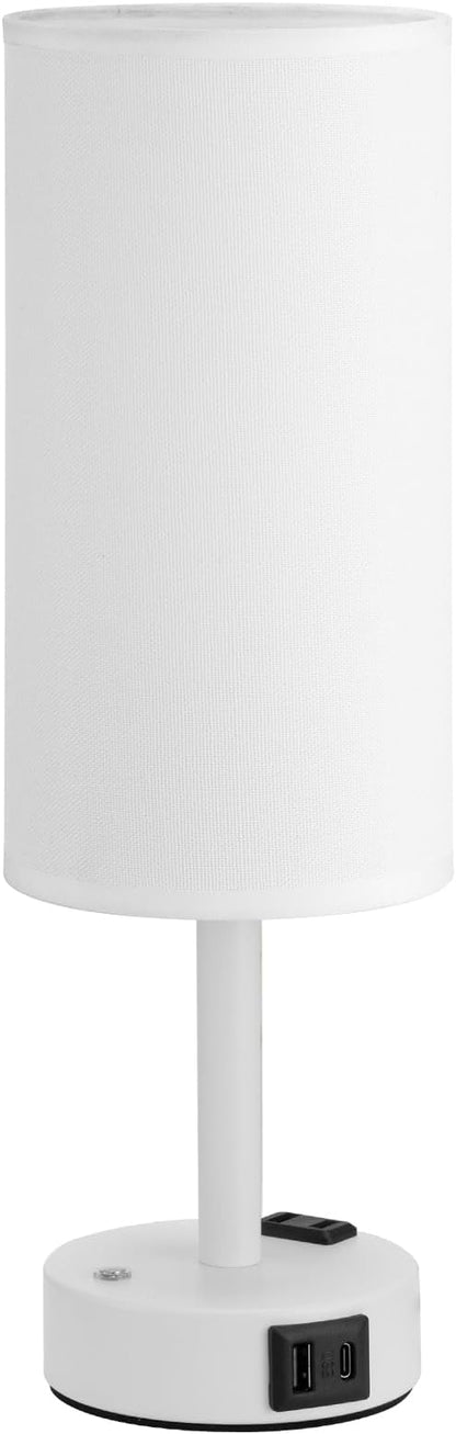 Touch Bedside Table Lamp with Memory - Stepless Dimmable Lamp for Bedroom, Small Nightstand Lamp with Dual USB Charging Ports and AC Outlet, Wood Night Light, Desk Lamp for Nursery (White & White)
