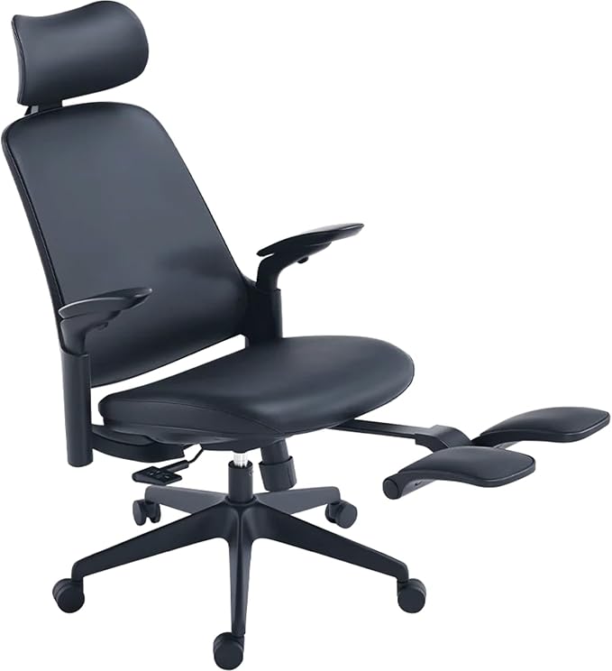 Sunaofe Boss Pro Leather Ergonomic Office Chair with Footrest - Executive Chair, 4D Armrests, Adaptive Lumbar, 125° Recline, 300lb Capacity, 5-Year Warranty Black Frame/Black