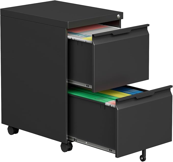 2 Drawer File Cabinet with Lock,Under Desk Storage Metal Filing Cabinet for Legal/Letter/A4 File,Mobile Rolling for Home Office -Black