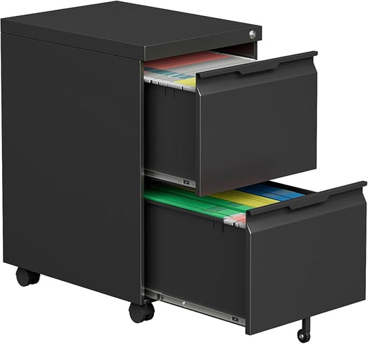 2 Drawer File Cabinet with Lock,Under Desk Storage Metal Filing Cabinet for Legal/Letter/A4 File,Mobile Rolling for Home Office -Black
