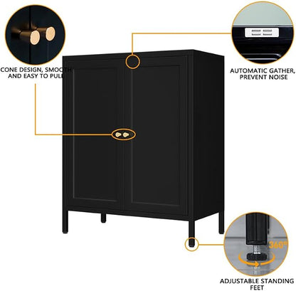 2 Door Metal Storage Cabinet-Small Bathroom Storage Cabinet with 1 Adjustable Shelf,Metal Freestanding Sideboard for Home Office, Living Room, Hallway, Entryway(Square Door, Black)