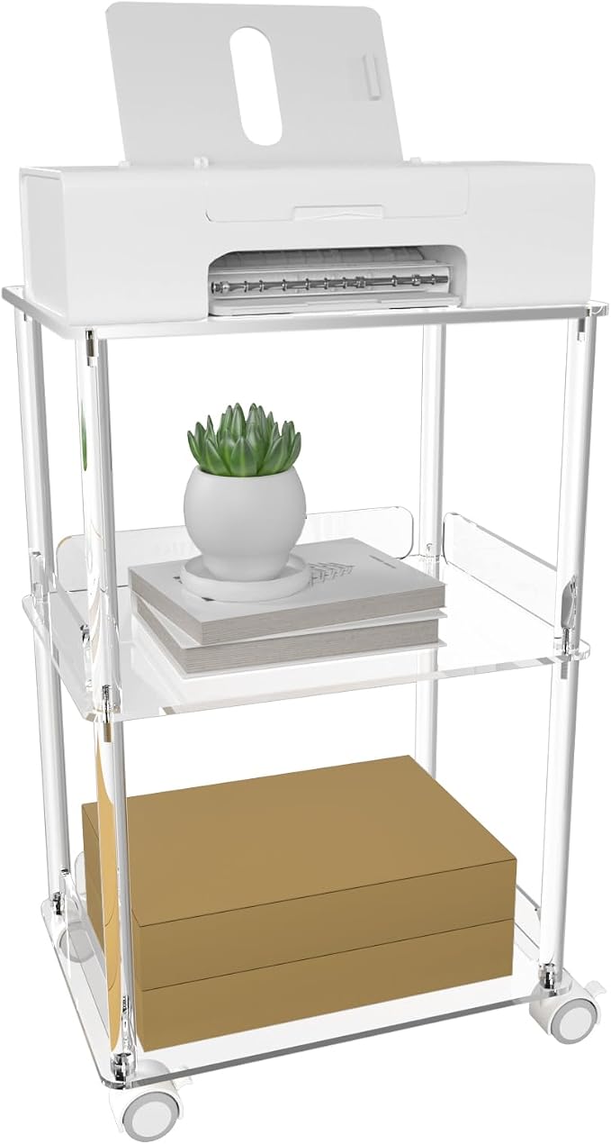 HMYHUM Acrylic Printer Stand, 3 Tier Clear Printer Cart with Lockable Wheels, Multifunctional Printer Table for Office & Home, Modern, 15.7" L x 11.8" W x 24" H