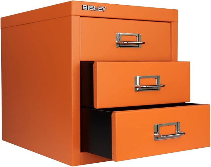 3-Drawer Steel MultiDrawer Cabinet - Orange, by Bisley | Chrome Pull Handles with Label Holders, Powder-Coated Steel, Removable Drawers, Desktop Storage, Labels Included