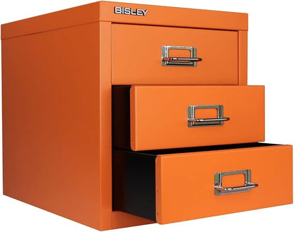 3-Drawer Steel MultiDrawer Cabinet - Orange, by Bisley | Chrome Pull Handles with Label Holders, Powder-Coated Steel, Removable Drawers, Desktop Storage, Labels Included