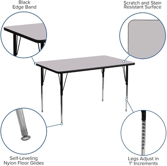 Flash Furniture 24''W x 48''L Rectangular Grey Thermal Laminate Activity Table - Standard Height Adjustable Legs