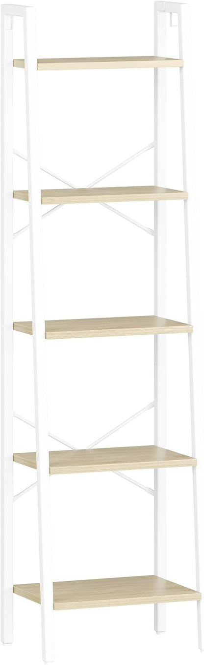 Hzuaneri Ladder Shelf, Bookshelf Bookcase, Freestanding Corner Storage Shelve with 2 Hooks for Home Office, Living Room, Kitchen, Bedroom, Industrial, 11.8" D x 17.3" W x 63" H, White Oak and White