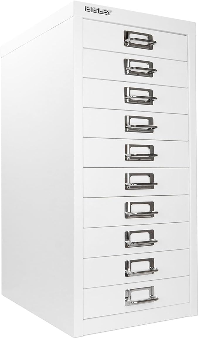 Bisley 10-Drawer Steel MultiDrawer Cabinet - Traffic White | Chrome Pull Handles with Label Holders, Powder-Coated Steel, Removable Drawers, Fits Under Most Desks, Labels Included