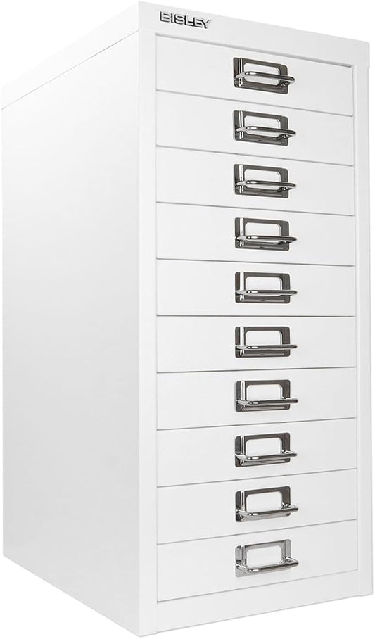 Bisley 10-Drawer Steel MultiDrawer Cabinet - Traffic White | Chrome Pull Handles with Label Holders, Powder-Coated Steel, Removable Drawers, Fits Under Most Desks, Labels Included